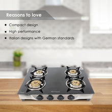 Load image into Gallery viewer, Energy 4 Burner Glass Cooktop, Black 8mm Toughened Glass  with 1 Year Warranty, Soft Touch Knobs, Efficient Brass Burners, Stainless Steel Double Drip Tray