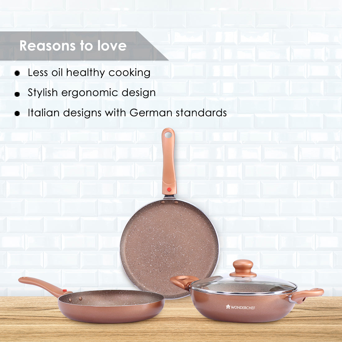 Ruby Plus Cookware Set Bronze 24 cm, Kadhai, Fry Pan, Dosa Tawa, Non-stick set of 3, Induction use, Tempered Glass Lid,