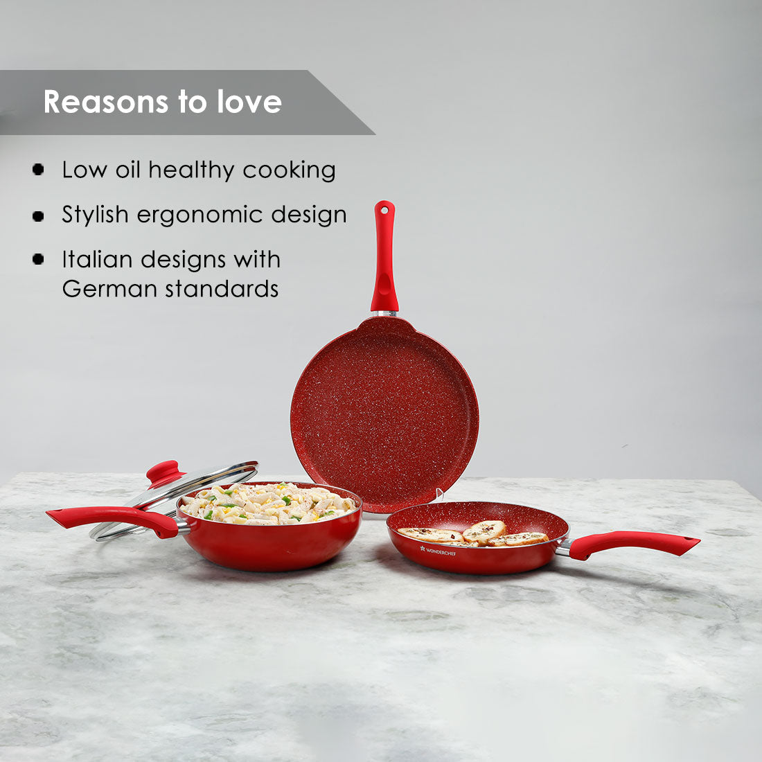 Royal Velvet Non-stick Cookware Set, 4Pc (Fry Pan with Lid, Wok, Dosa Tawa), Induction Bottom, Soft-touch Handles, Virgin Grade Aluminium, PFOA/Heavy Metals Free, 3mm, 2 Years Warranty, Red