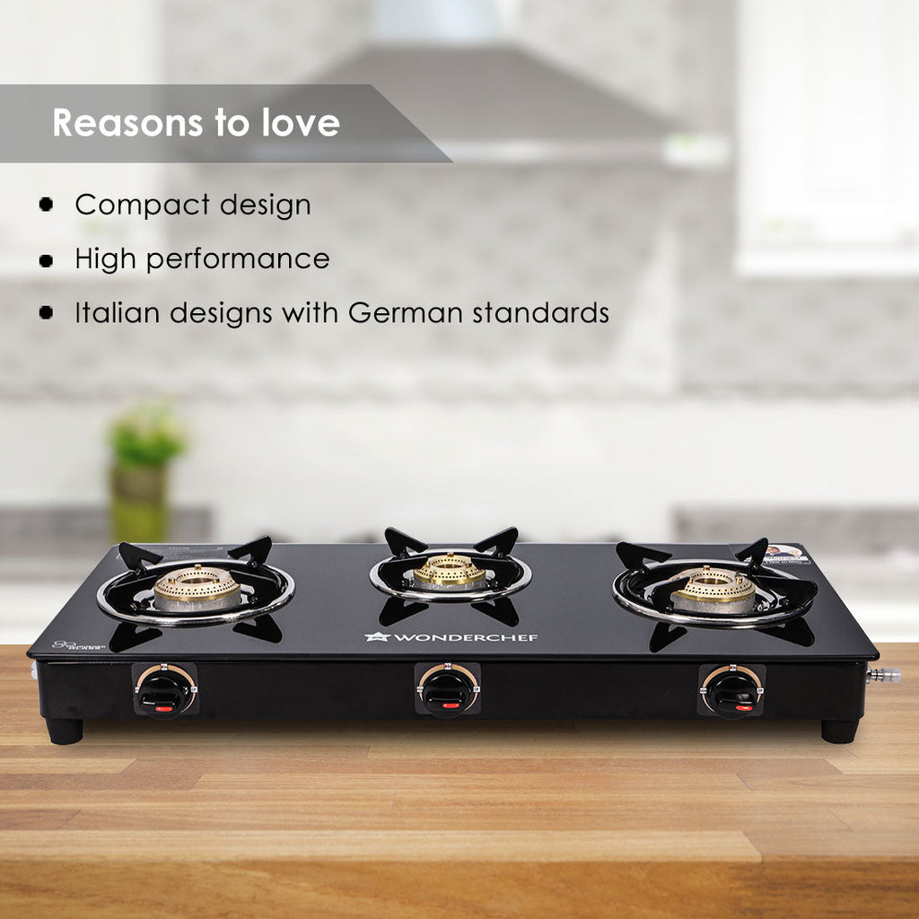 Ruby 3 Burner Glass Cooktop, Black Toughened Glass with 1 Year Warranty, Ergonomic Knobs, Heat-Efficient Brass Burners, Stainless-steel Spill Tray, Manual Ignition