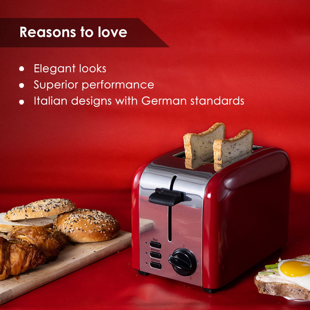 Pop Up 2 Slice Toaster Crimson Edge, 850W, 5 Browning Controls, Removable Crumb Tray, 2 Years Warranty, Red