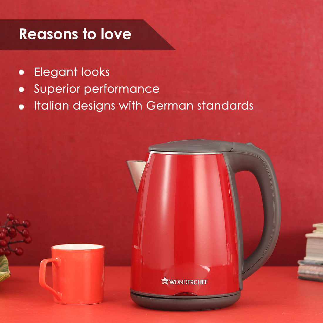 Electric Kettle Crimson Edge, 1.2 Litres, Stainless Steel Interior with Auto-shut Off, 2-level Safety, Cool Touch Plastic Exterior, 2 Years Warranty, 1500W, Red