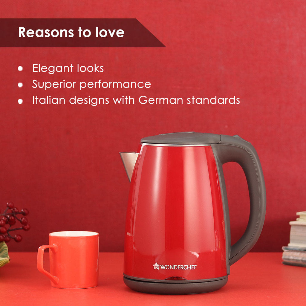 Electric Kettle Crimson Edge, 1.2 Litres, Stainless Steel Interior with Auto-shut Off, 2-level Safety, Cool Touch Plastic Exterior, 2 Years Warranty, 1500W, Red