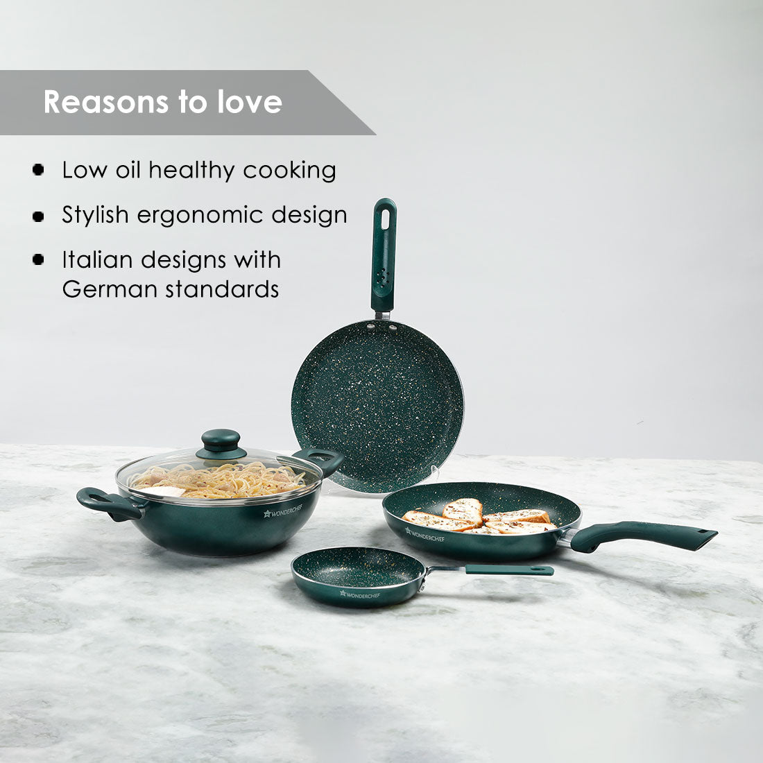 Royal Velvet Non-stick Cookware Set, 5Pc (Fry Pan with Lid, Wok, Dosa Tawa, Mini Fry Pan) Induction bottom, Soft-touch handles, Virgin Grade Aluminium, PFOA/Heavy Metals Free, 2 Years Warranty, Olive Green