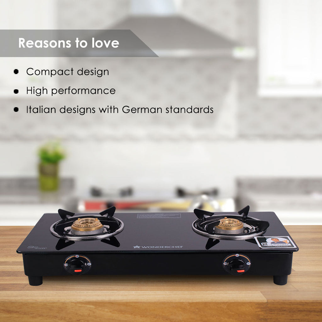 Ruby 2 Burner Glass Cooktop, Black Toughened Glass with 1 Year Warranty, Ergonomic Knobs, Heat-Efficient Brass Burners, Stainless-steel Spill Tray, Manual Ignition