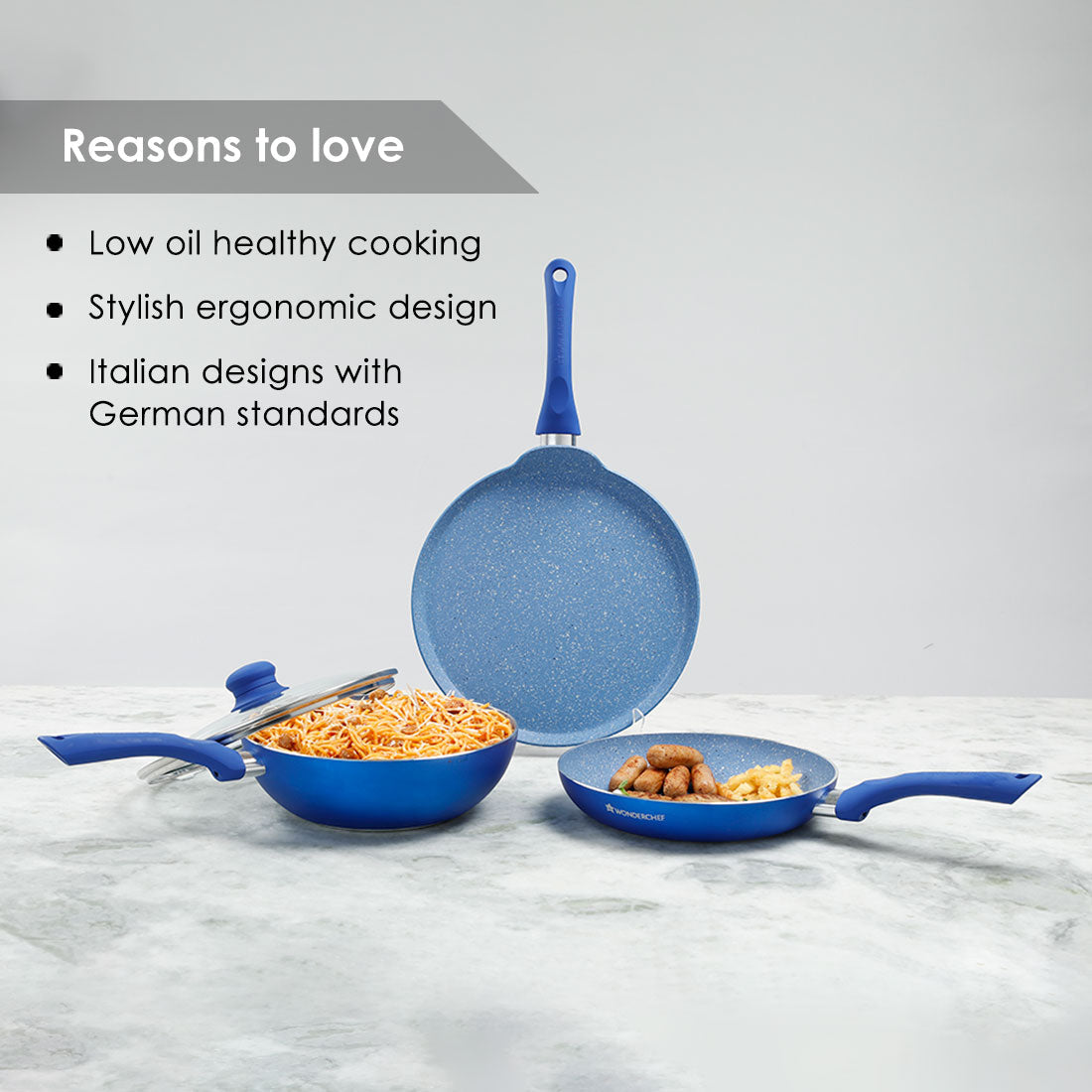 Royal Velvet Non-stick Cookware Set, 4Pc (Fry Pan with Lid, Wok, Dosa Tawa) Induction Bottom, Soft-touch Handles, Virgin Grade Aluminium, PFOA/Heavy Metals Free, 3mm, 2 Years Warranty, Blue