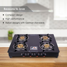 Load image into Gallery viewer, Ruby  4 Burner Glass Cooktop, Black Toughened Glass with 1 Year Warranty, Ergonomic Knobs,  Heat-Efficient Brass Burners, Stainless-steel Spill Tray, Manual Ignition