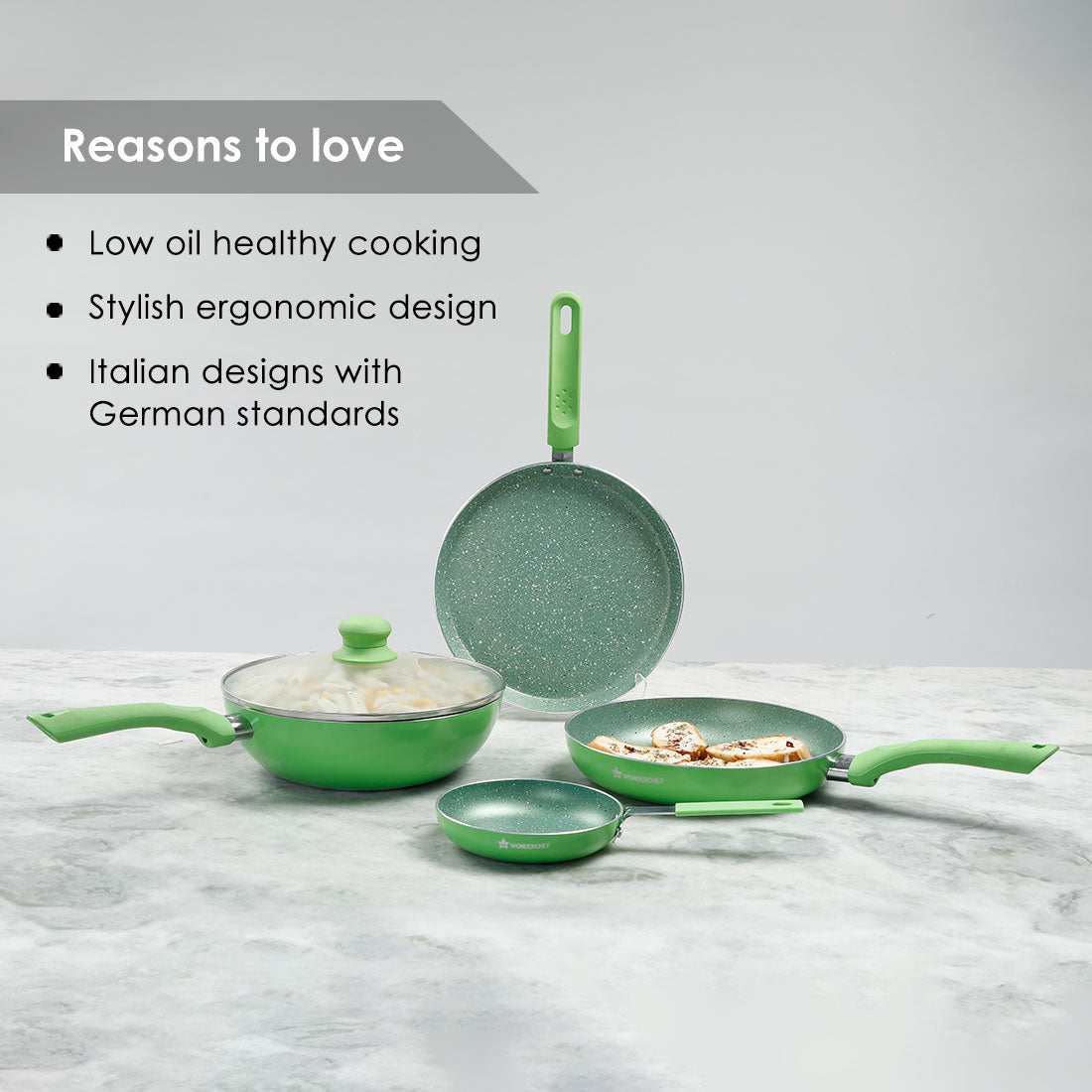 Royal Velvet Non-stick Cookware Set, 5Pc (Fry Pan with Lid, Wok, Dosa Tawa, Mini Fry Pan), Induction Bottom, Soft-touch Handles, Virgin Grade Aluminium, PFOA/Heavy Metals Free, 3 mm, 2 Years Warranty, Green