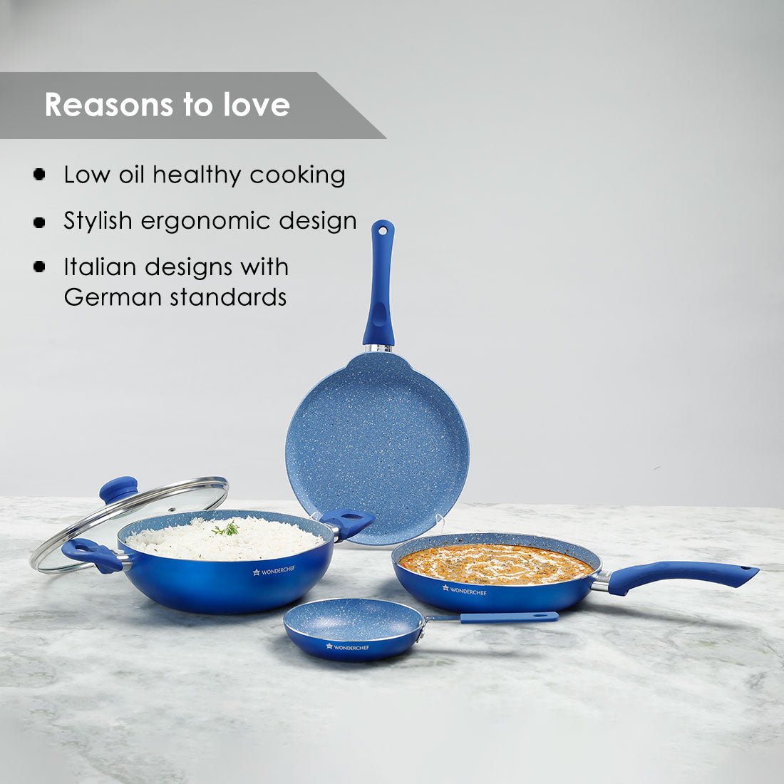 Royal Velvet Non-stick Cookware Set, 5Pc (Fry Pan with Lid, Wok, Dosa Tawa, Mini Fry Pan) Induction Bottom, Soft-touch Handles, Virgin Grade Aluminium, PFOA/Heavy Metals Free, 3mm, 2 Years Warranty, Blue