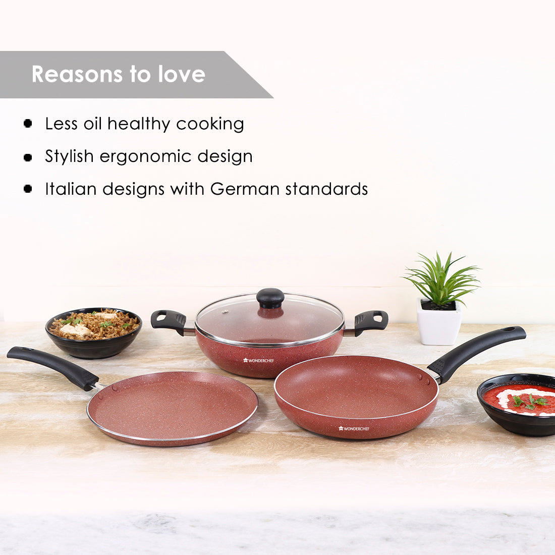 Platinum Plus Non-stick Cookware Set, 4Pc (Kadhai with Lid, Fry Pan, Dosa Tawa), Induction Bottom, Cool-touch Bakelite Handle, Pure Grade Aluminium, PFOA/Heavy Metals Free, 1 Year Warranty, Brick Red