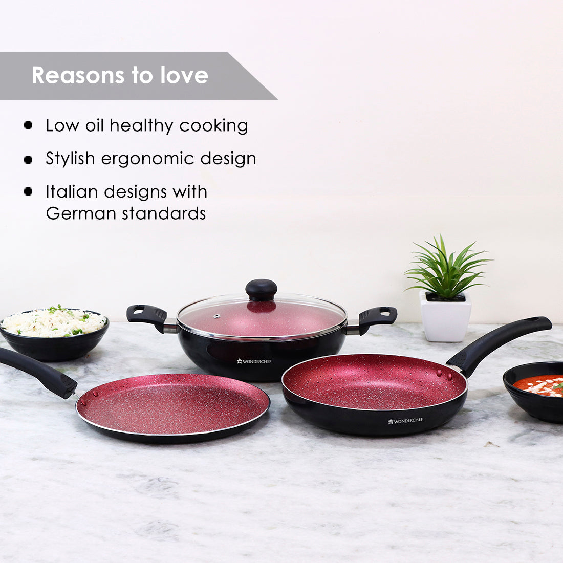 Sigma Non-stick Cookware Set, 4Pc (Kadhai with Lid, Dosa Tawa, Fry Pan), Induction Bottom, Cool Touch Bakelite Handles, Virgin Aluminium, PFOA Free, 2 Years Warranty, Red and Black