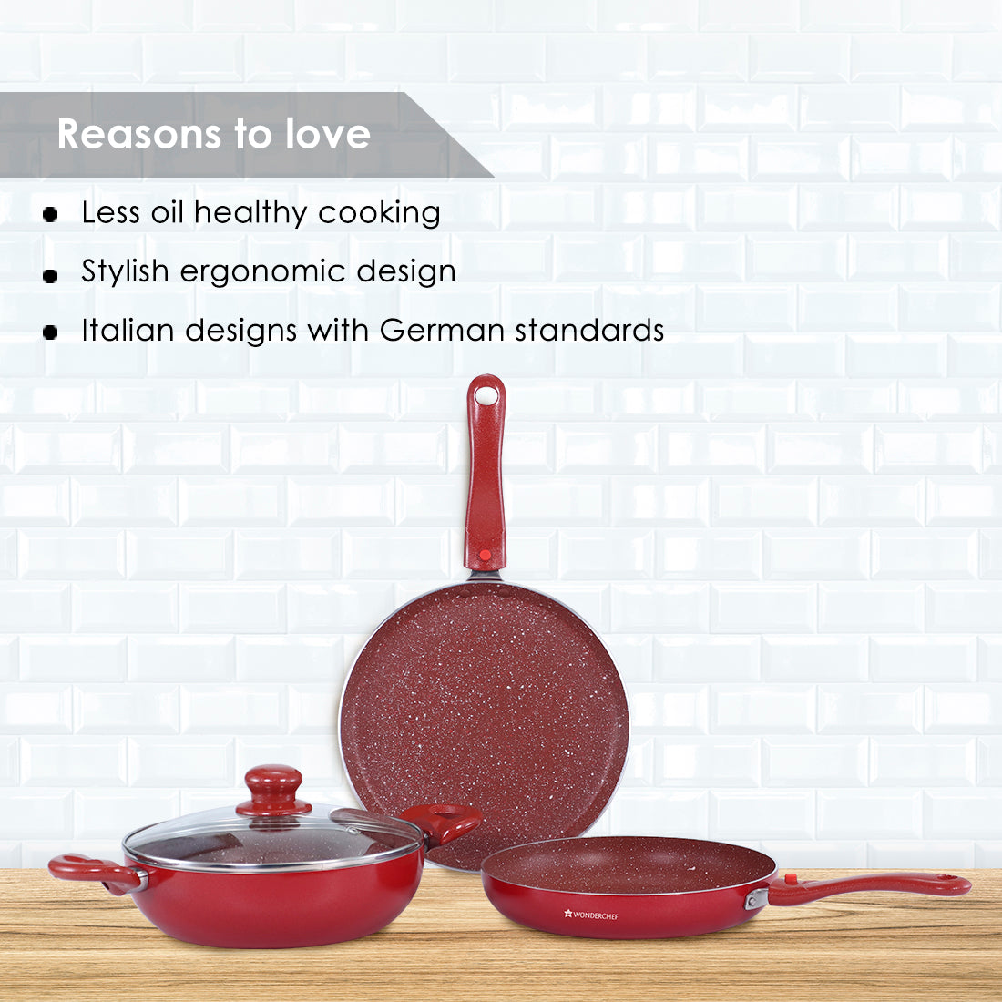 Ruby Plus Cookware Set, 4pc (Dosa Tawa, Fry Pan, Kadhai with Lid), Induction Friendly, Virgin Aluminum,  PFOA/Heavy metal free, 2 Years Warranty,  Dark Red