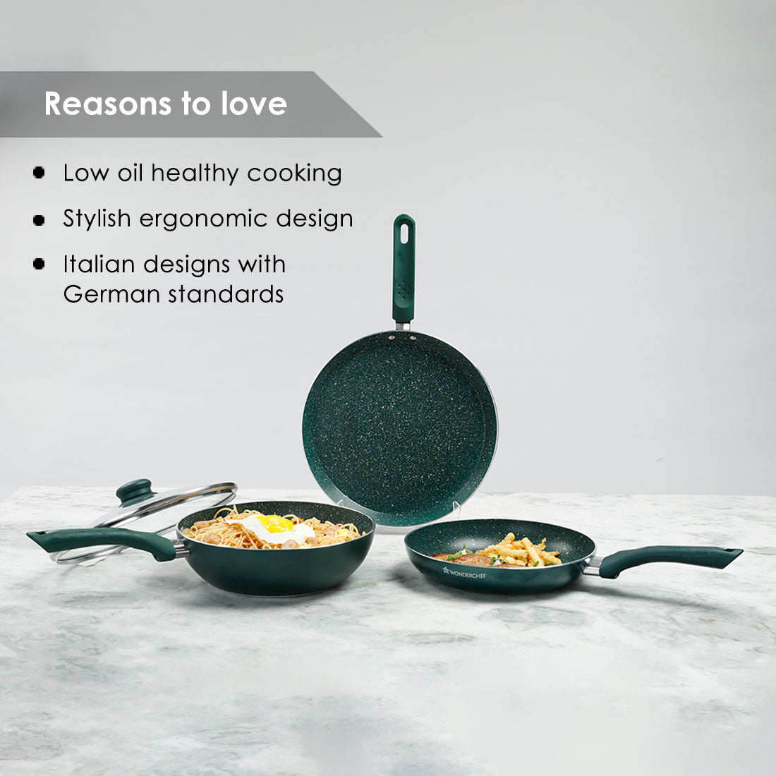 Royal Velvet Plus Non-stick Cookware Set, 4Pc (Wok with Lid, Fry Pan, Dosa Tawa), Induction Bottom, Soft Touch Handle, Pure Grade Aluminium, PFOA Free, 2 Years Warranty,  Olive Green