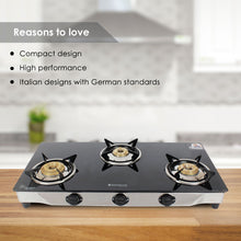 Load image into Gallery viewer, Energy 3 Burner Glass Cooktop, Black 8mm Toughened Glass  with 1 Year Warranty, Soft Touch Knobs, Efficient Brass Burners, Stainless Steel Double Drip Tray