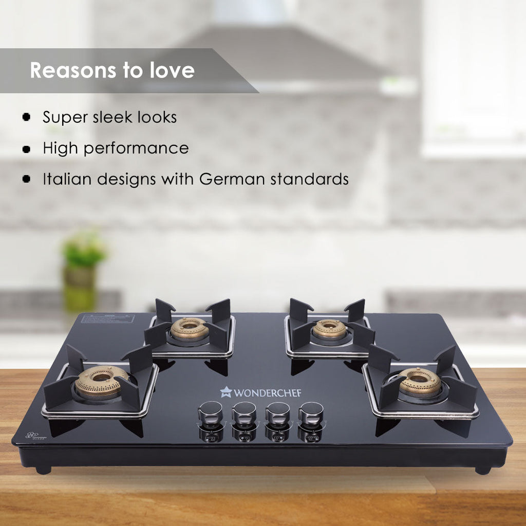 Octavia 4 Burner Glass Hob Top Cooktop, Black 8mm Toughened Glass with 2 Years Warranty, Ergonomic Knobs, Forged Brass Burners, Stainless Steel Drip Tray, Manual ignition