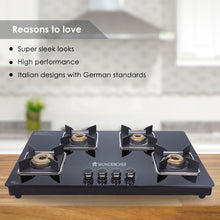 Load image into Gallery viewer, Octavia 4 Burner Glass Hob Top Cooktop, Black 8mm Toughened Glass with 2 Years Warranty, Ergonomic Knobs, Forged Brass Burners, Stainless Steel Drip Tray, Manual ignition