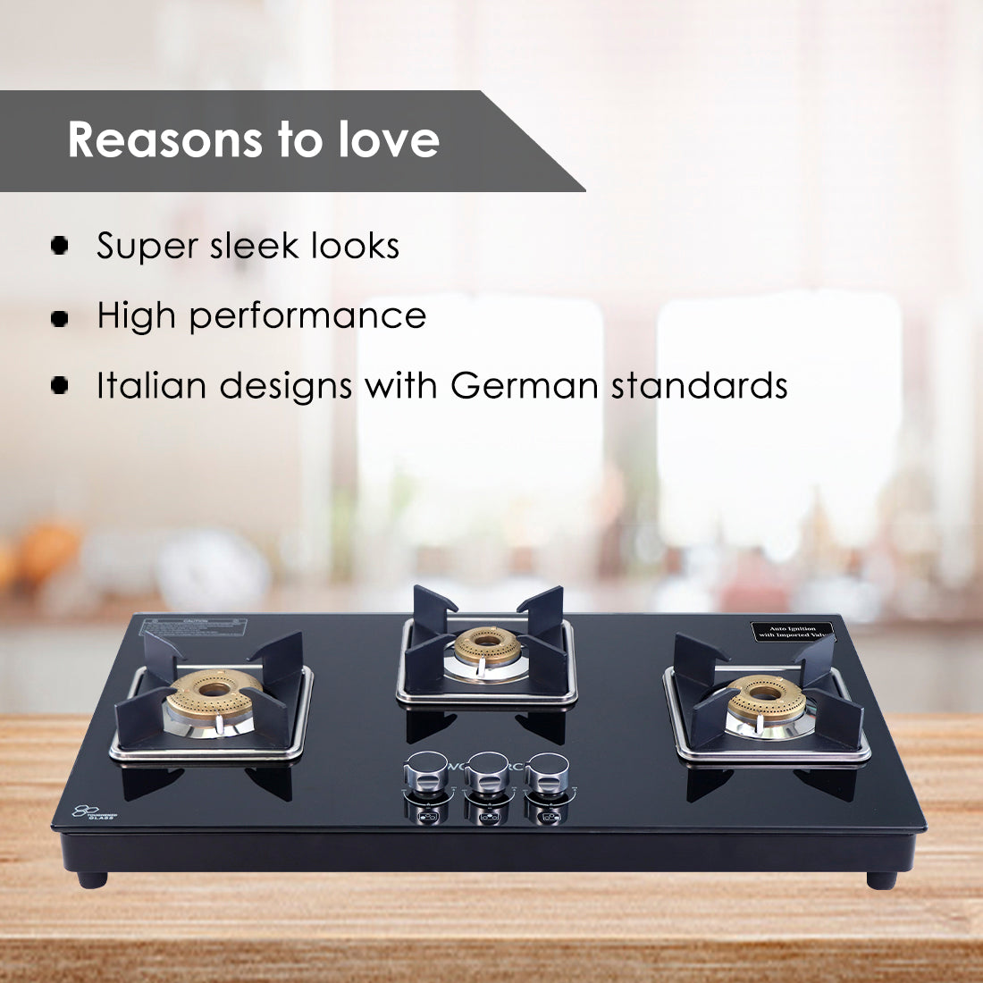 Octavia Auto 3 Burner, Ergonomic knobs, 8 mm thick toughened glass, 2 Years warranty