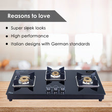 Load image into Gallery viewer, Octavia Auto 3 Burner, Ergonomic knobs, 8 mm thick toughened glass, 2 Years warranty