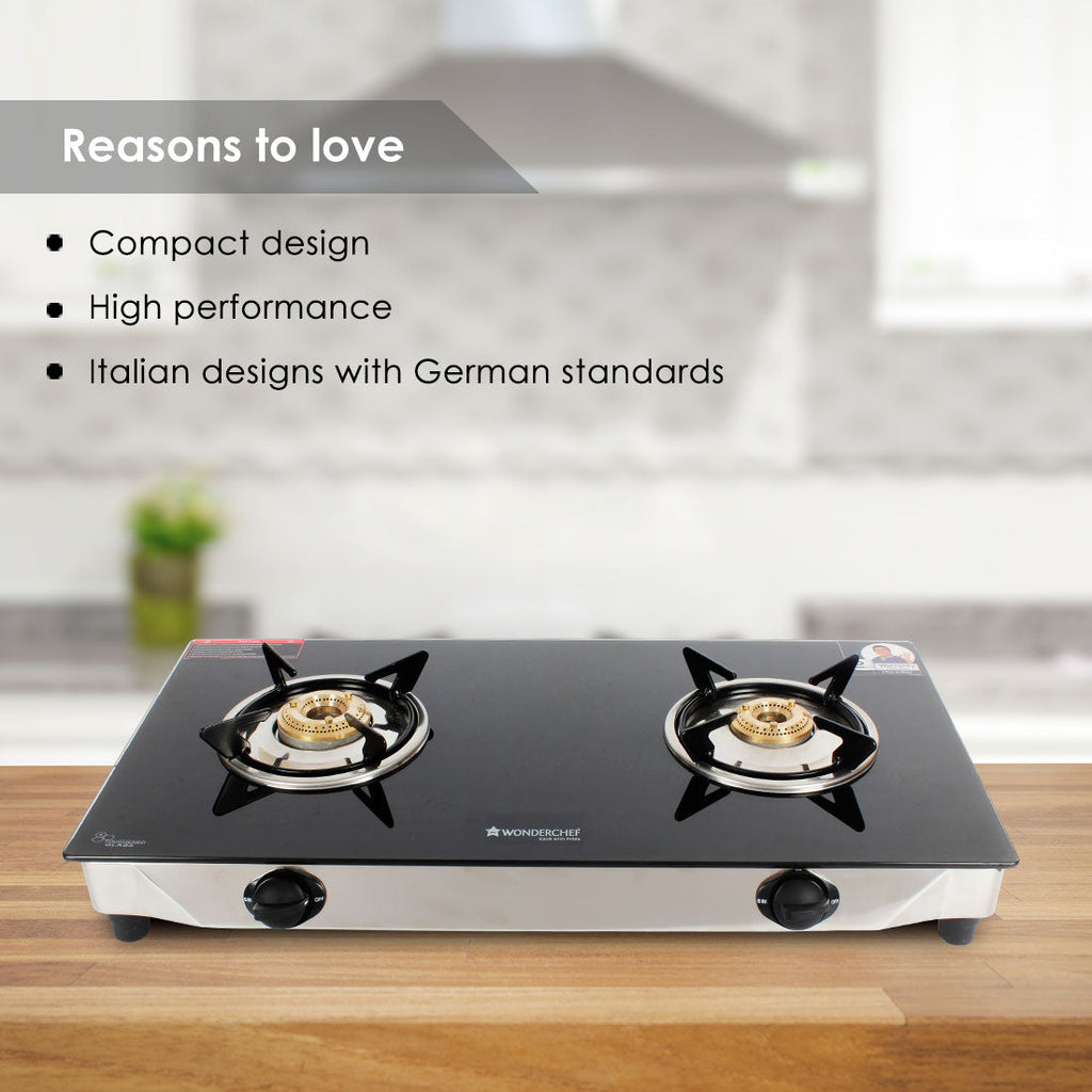 Energy 2 Burner Glass Cooktop, Black 8mm Toughened Glass  with 1 Year Warranty, Soft Touch Knobs, Efficient Brass Burners, Stainless Steel Double Drip Tray