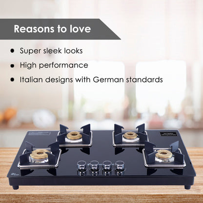 Octavia Auto 4 Burner, Ergonomic knobs, 8 mm thick toughened glass, 2 Years warranty