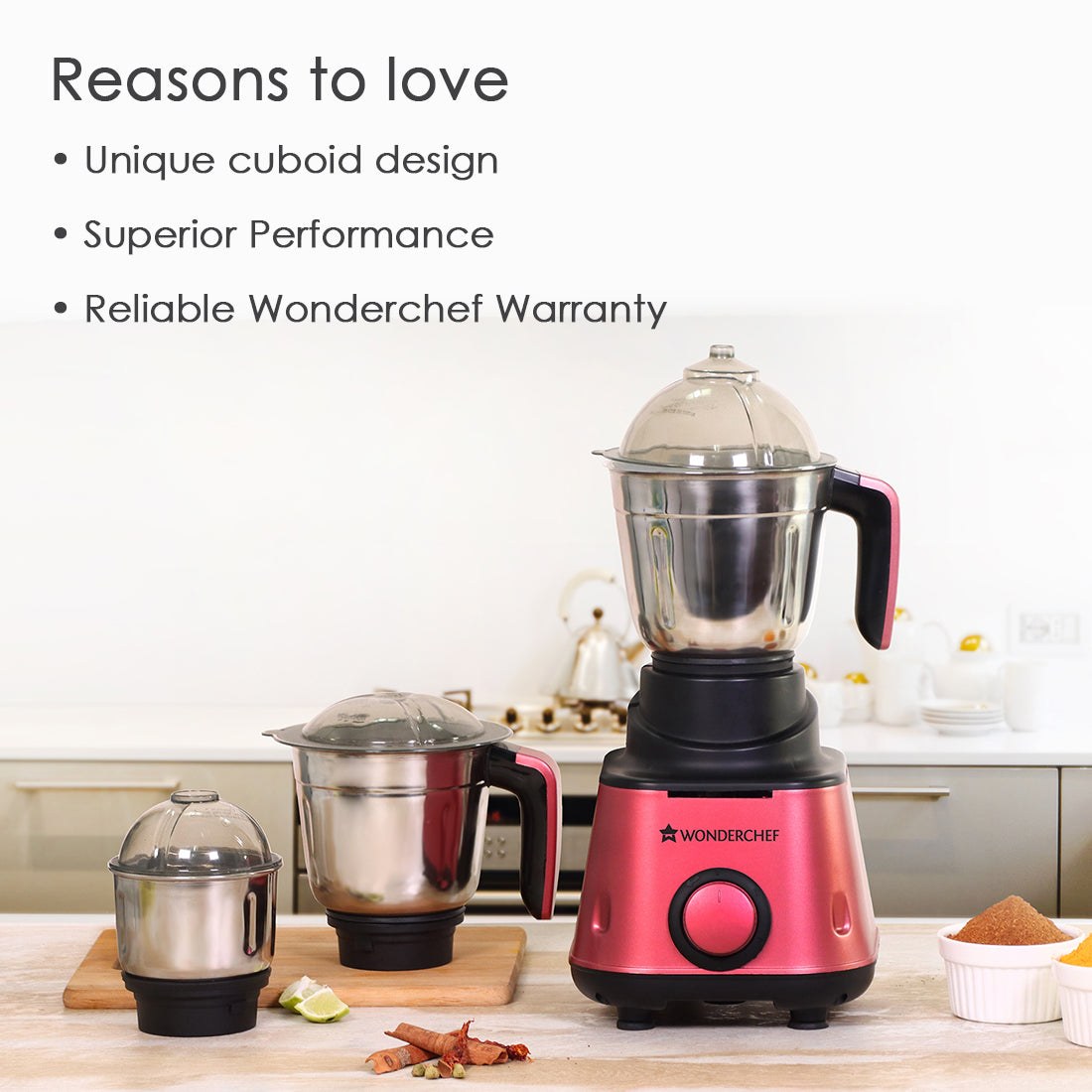 Sumo Mixer Grinder-600W With 3 Stainless Steel Jars and Anti-Rust Stainless Steel Blades, Ergonomic Handles, 5 Years Warranty on Motor, Red and Black