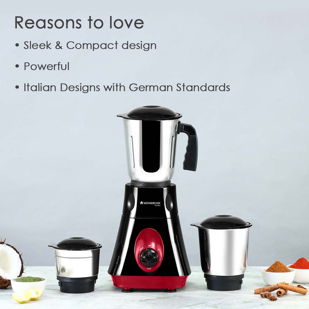 Vietri Mixer Grinder, 550Wwith 3 Anti-rust Stainless Steel Jars and Blades, 3-speed Knob, Anti-skid Feet, 5 Years Warranty on Copper Armature Motor, Black & Red