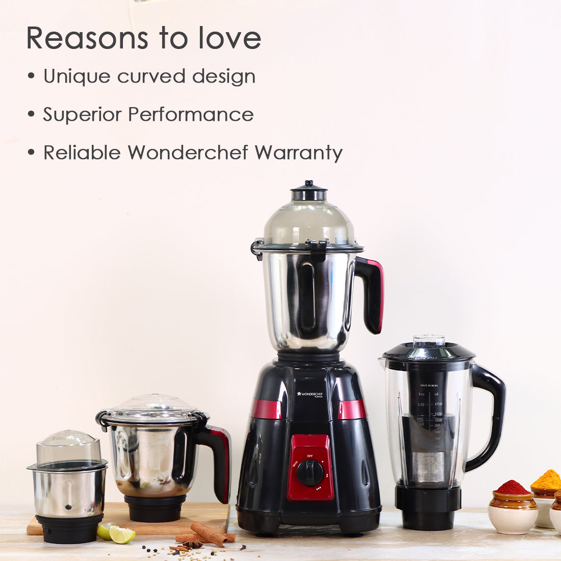 Platinum Mixer Grinder 750W with 4 Stainless Steel Jars And Anti-Rust Stainless Steel Blades, Ergonomic Handles, 5 Years Warranty On Motor,  Black & Crimson