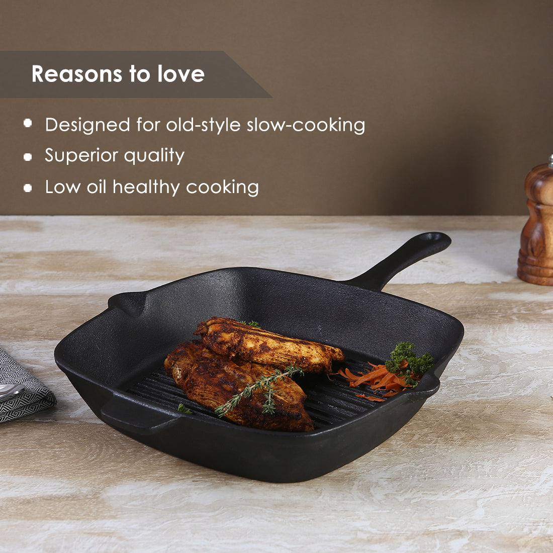 Forza Cast-iron Grill Pan, Pre-Seasoned Cookware, Induction Friendly, 26cm, 3.8mm