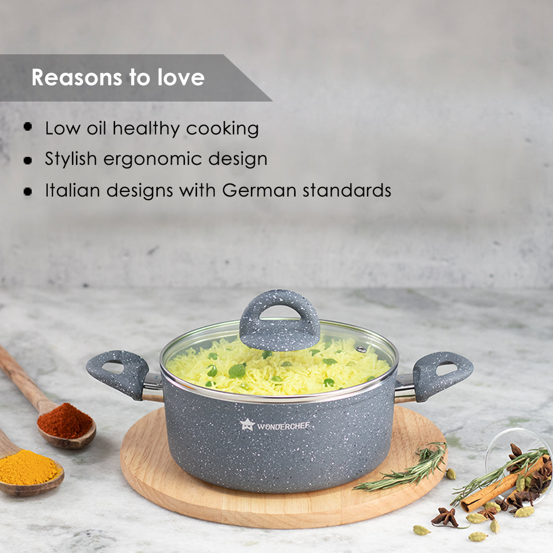 Granite Non-stick Casserole, Induction Bottom, Soft-touch Handle, Virgin Grade Aluminium, PFOA/Heavy metals free, 3.5mm, 2 Years Warranty, Grey