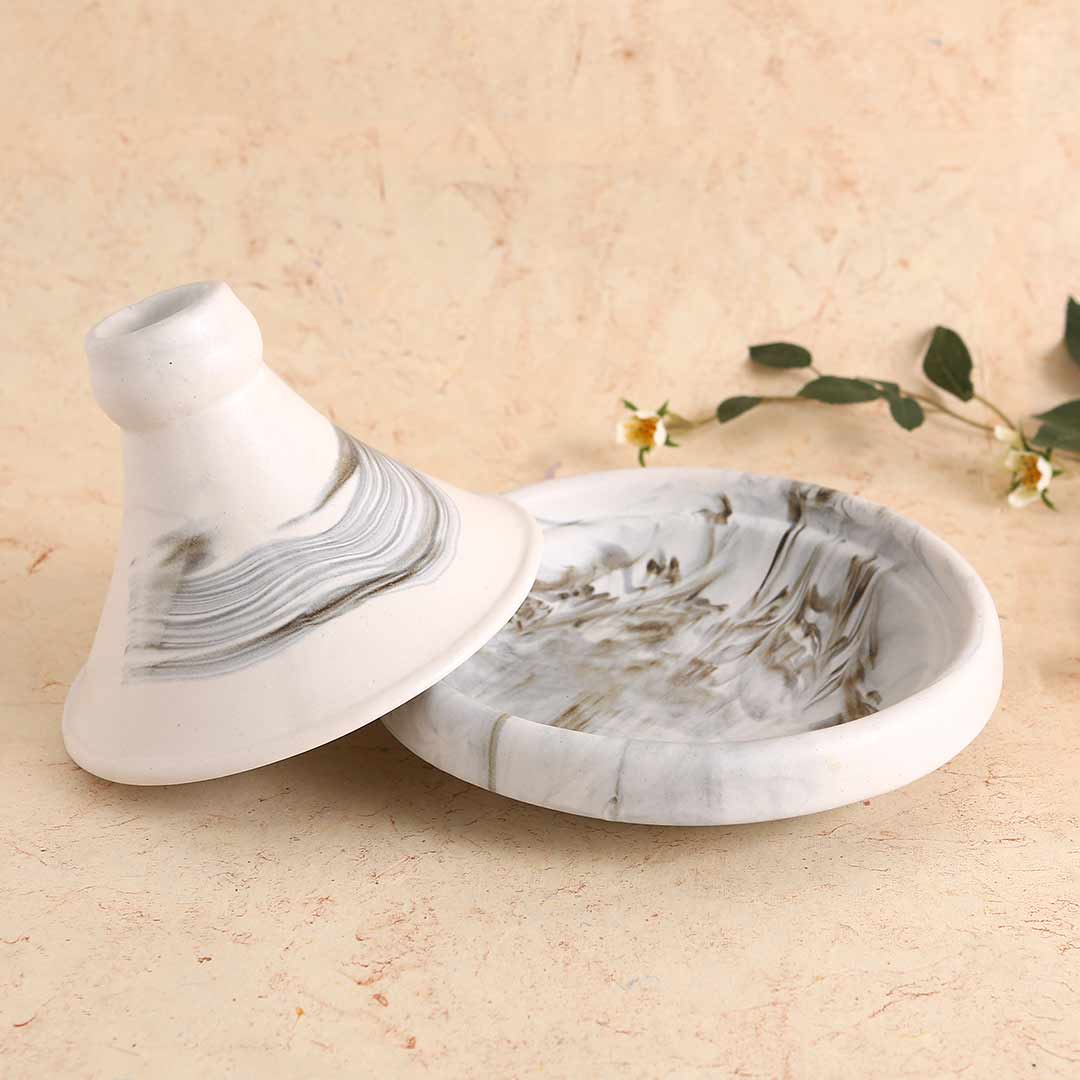 Teramo Stoneware  8” Tagine Set - Marble White