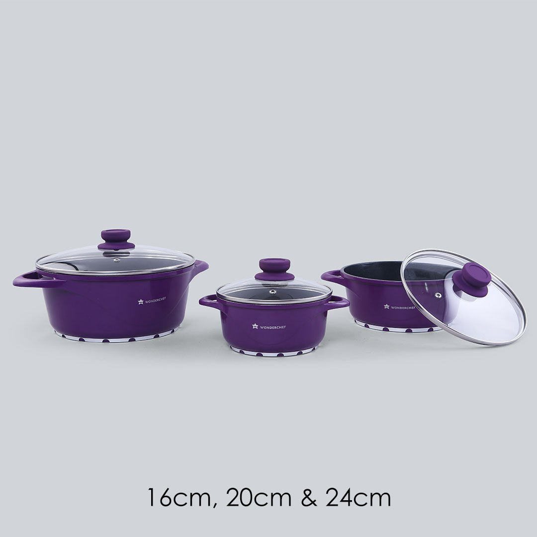 Ceramide Excellence Casserole Set, 3Pc (1200ML, 2000ML, 3500ML), Induction Friendly, Glass Lid, 2 Years Warranty, Purple