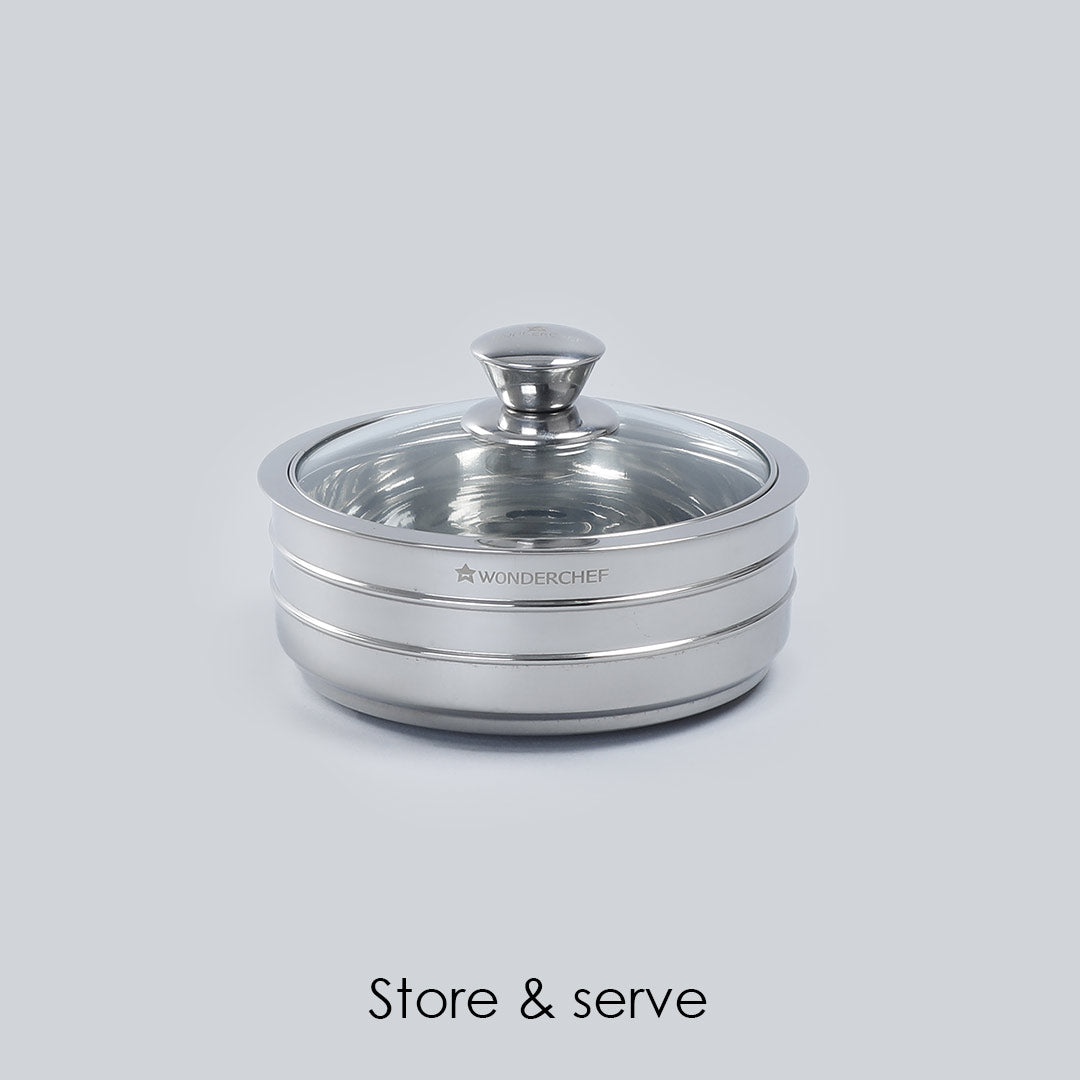 Austin Serving Stainless Steel Casserole with Lid, Dome-shaped Glass Lid- 0.6mm, 2 Years Warranty