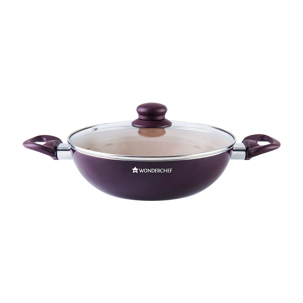 New Milano Set Burgundy 24 cm, Wok, Fry Pan, Dosa Tawa, Meta Tuff - non - stick coating, Pure grade Aluminum,