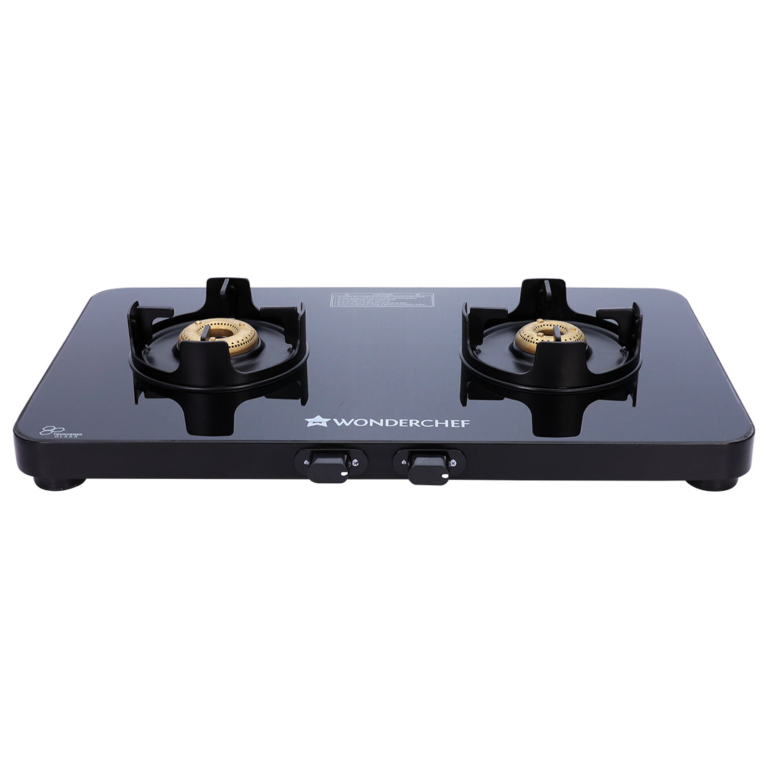 Slimline 2 Burner Glass Cooktop, Black 7mm Toughened Glass with 2 Years Warranty, Ergonomic knobs, Black Powder-Coated Drip Tray, Forged Brass Burners, Manual Ignition Gas Stove