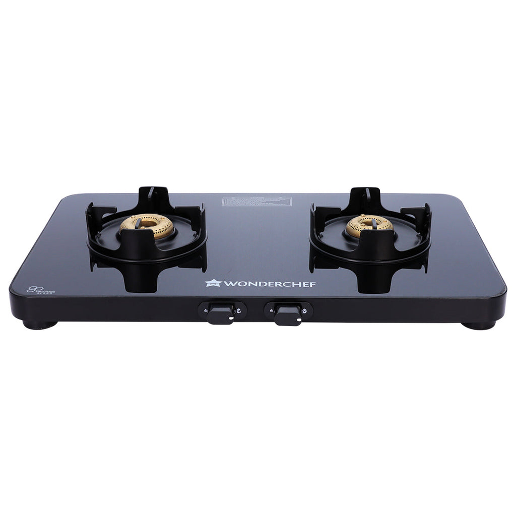 Slimline 2 Burner Glass Cooktop, Black 7mm Toughened Glass with 2 Years Warranty, Ergonomic knobs, Black Powder-Coated Drip Tray, Forged Brass Burners, Manual Ignition Gas Stove