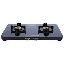 Load image into Gallery viewer, Slimline 2 Burner Glass Cooktop, Black 7mm Toughened Glass with 2 Years Warranty, Ergonomic knobs, Black Powder-Coated Drip Tray, Forged Brass Burners, Manual Ignition Gas Stove