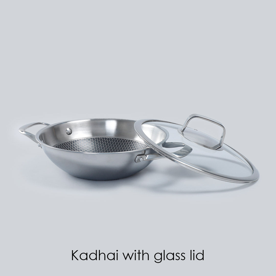 Stanton Stainless Steel Non-stick Kadhai with Lid- 24cm, 2L, 2.5mm, Silver