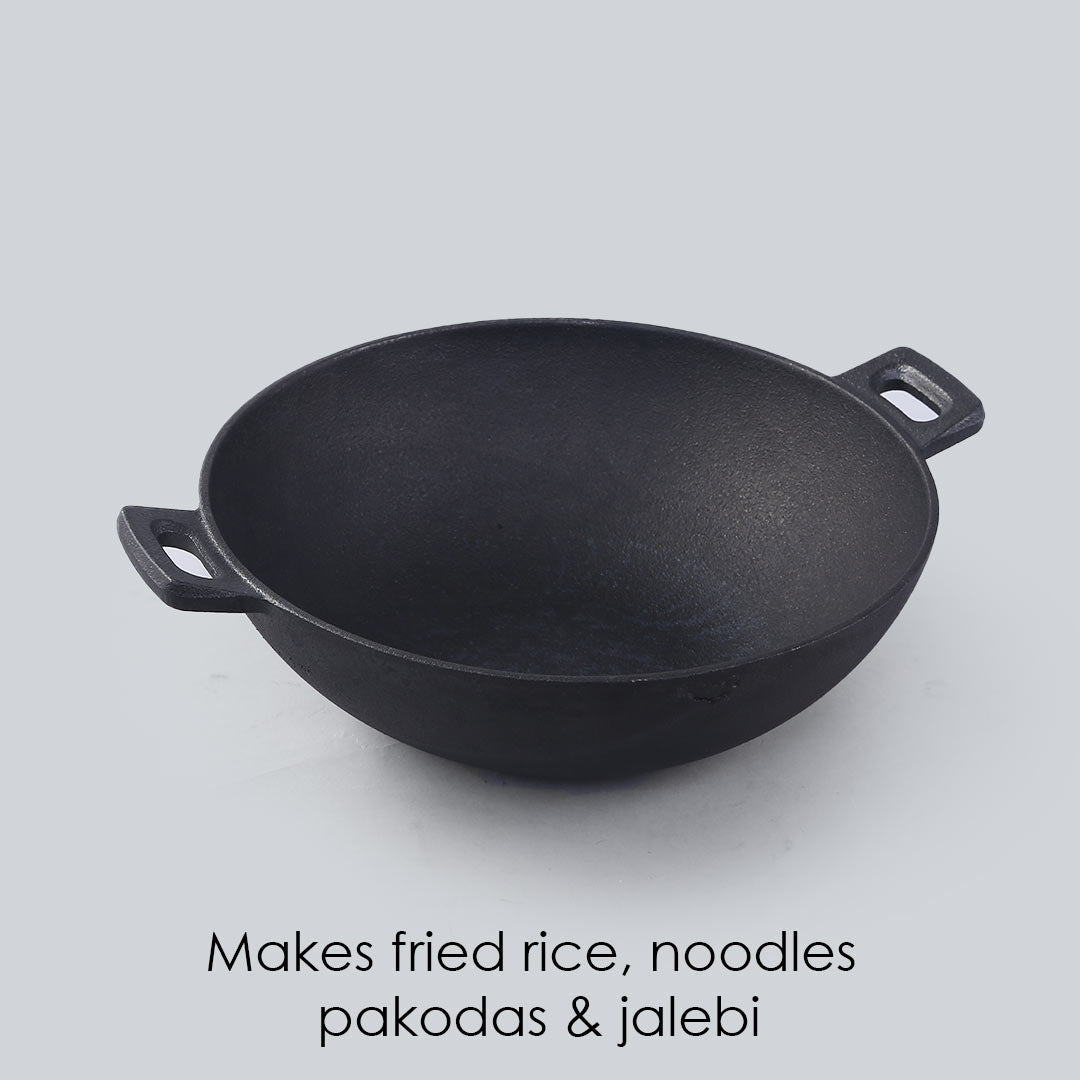 Forza Cast-iron Kadhai, Pre-Seasoned Cookware, Induction Friendly, 24cm, 1.9L, 3.8mm