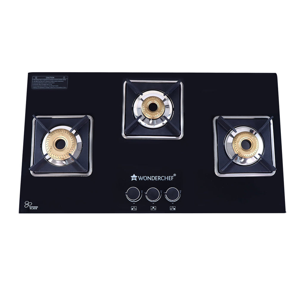 Octavia Auto 3 Burner, Ergonomic knobs, 8 mm thick toughened glass, 2 Years warranty