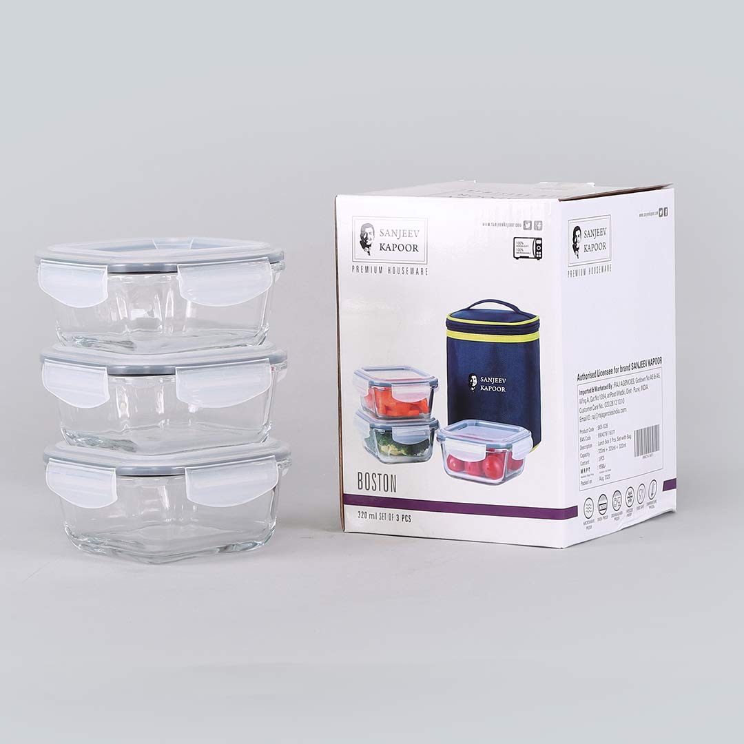 Boston Square Glass Lunch Boxes With Insulated Bag 320ml - Set Of 3 Pcs