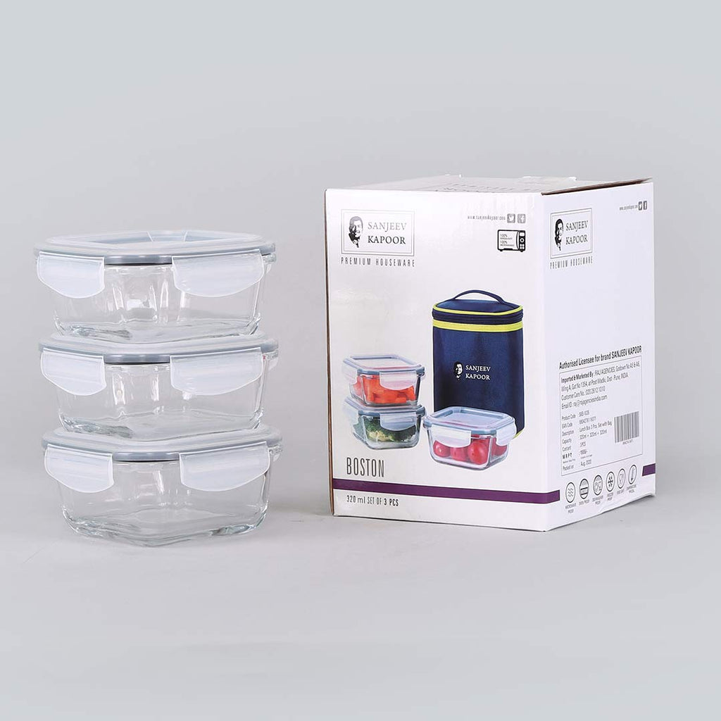 Boston Square Glass Lunch Boxes With Insulated Bag 320ml - Set Of 3 Pcs