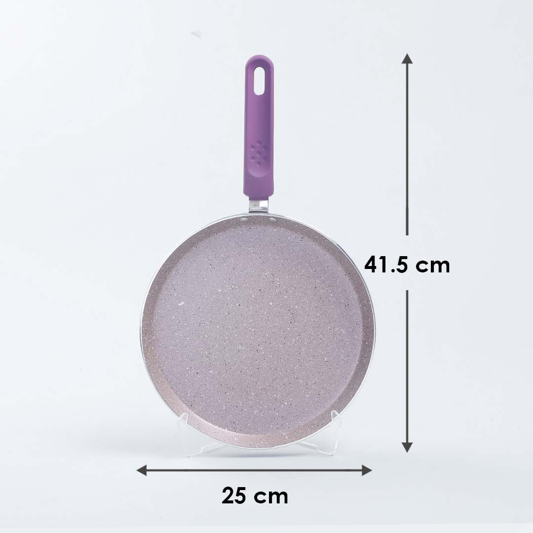 Royal Velvet Non-stick Dosa Tawa, Induction bottom, Soft-touch handle, Virgin grade aluminium, PFOA/Heavy metals free,  3mm, 25cm, 2 years warranty, Purple