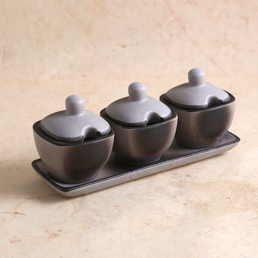 Teramo Stoneware 3pcs Pickle Set with Lid & Tray - Grey