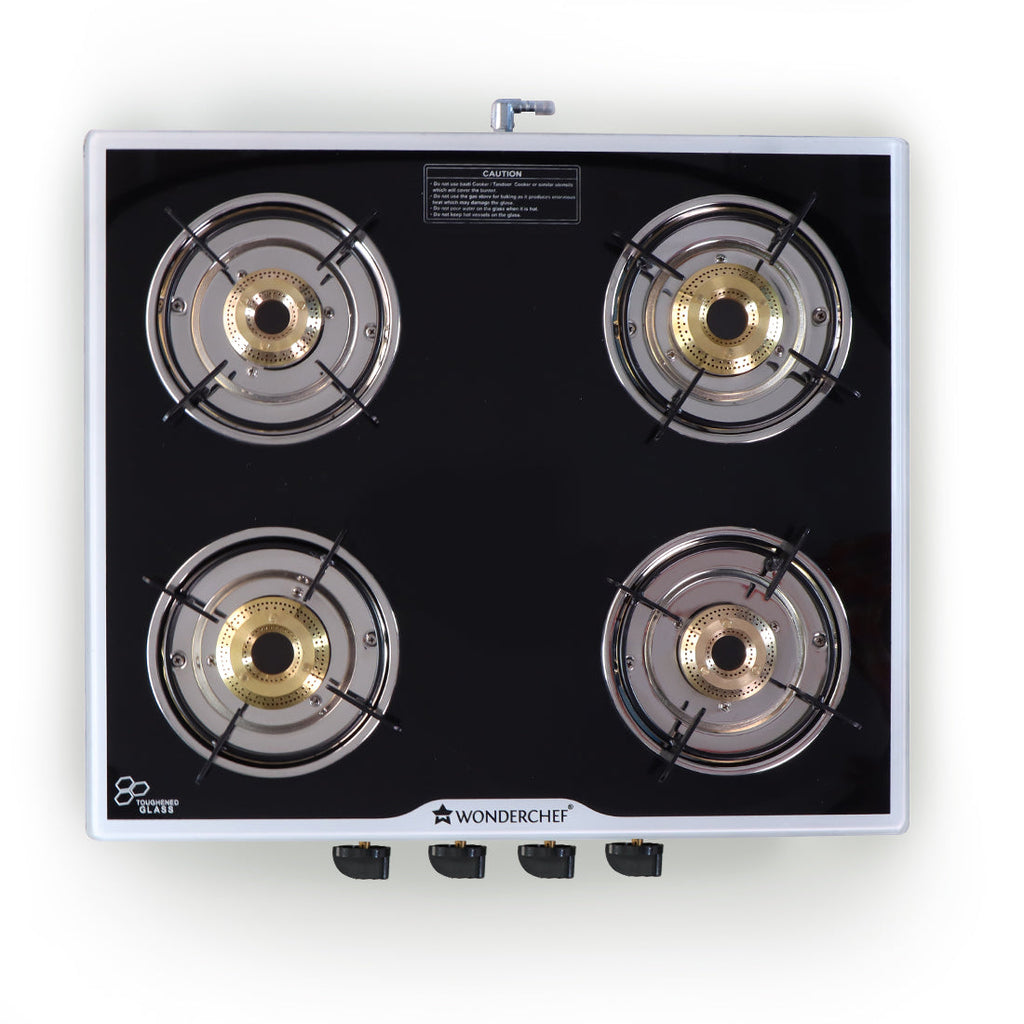 Platinum 4 Burner Glass Cooktop, Black 6mm Toughened Glass with 1 Year Warranty, Ergonomic Knobs, Stainless Steel Drip Tray, Manual Ignition Gas Stove