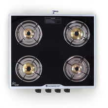 Load image into Gallery viewer, Platinum 4 Burner Glass Cooktop, Black 6mm Toughened Glass with 1 Year Warranty, Ergonomic Knobs, Stainless Steel Drip Tray, Manual Ignition Gas Stove