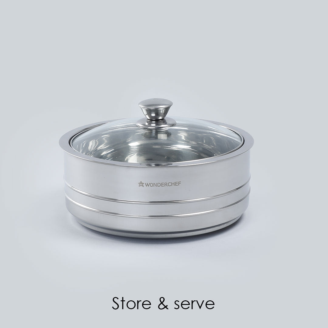 Austin Serving Stainless Steel Casserole with Lid, Dome-shaped Glass Lid- 0.6mm, 2 Years Warranty