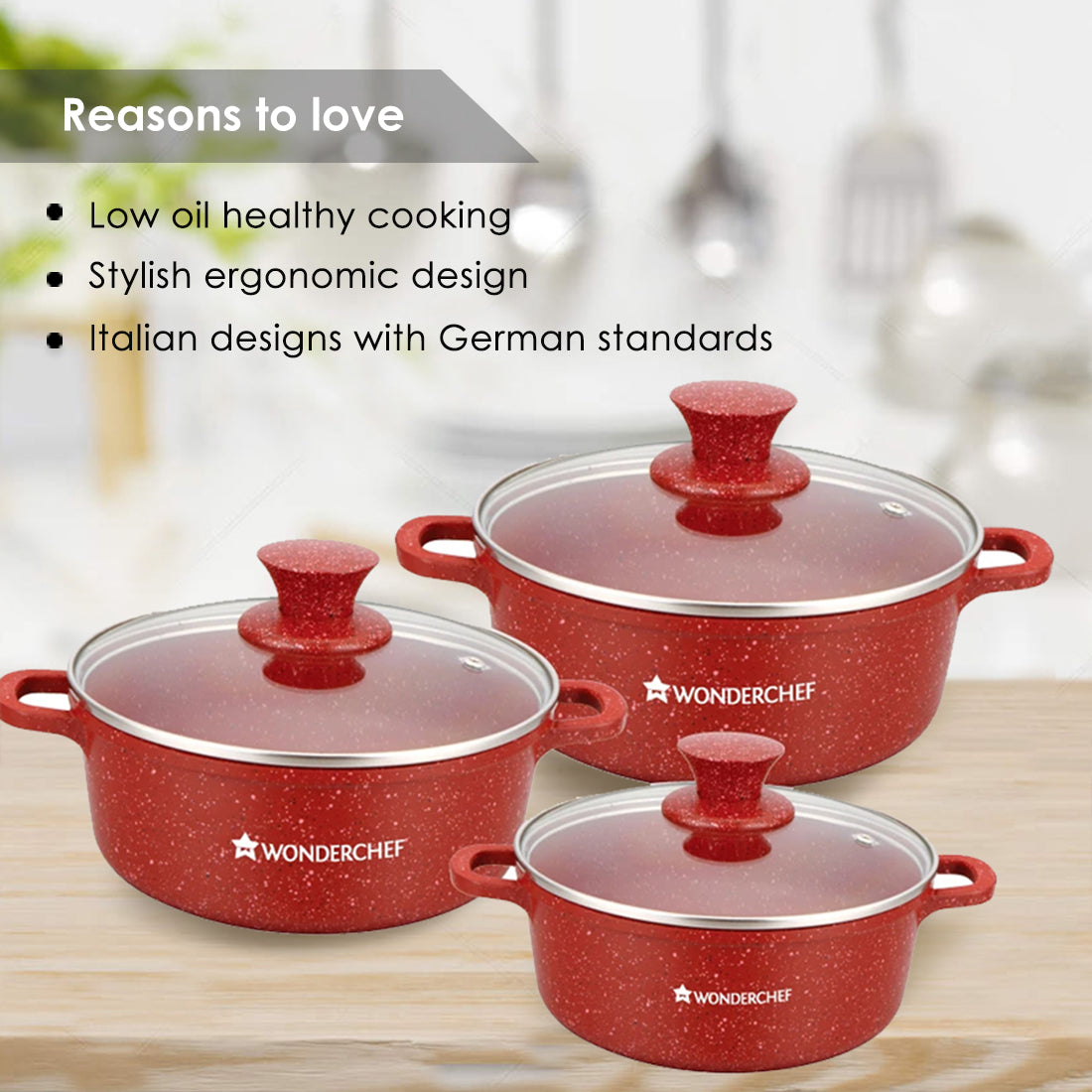 Granite Die-cast Non-stick Casserole Set, 6Pc (1150ML, 2000ML, 4500ML) With Lids, Induction Bottom, Soft Touch Handles, Pure Grade Aluminium, PFOA/Heavy Metal Free, 2 Years Warranty, Red