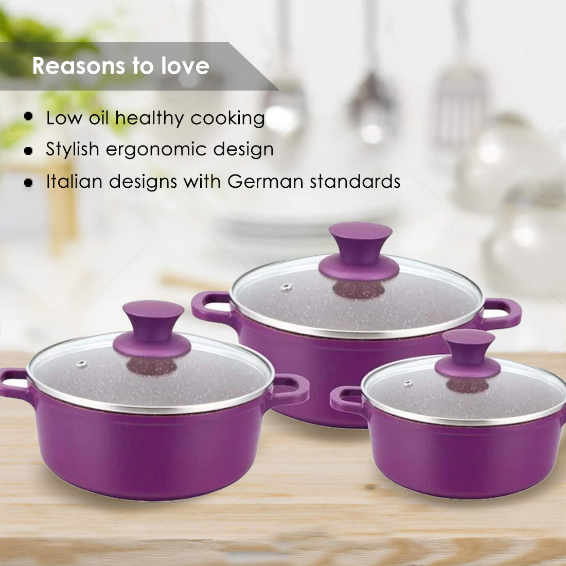 Granite Non-stick 6-piece Casserole Set with Lids, Induction bottom, Soft-touch handles, Virgin grade aluminium, PFOA/Heavy metals free, 3.5mm, 2 years warranty, Purple