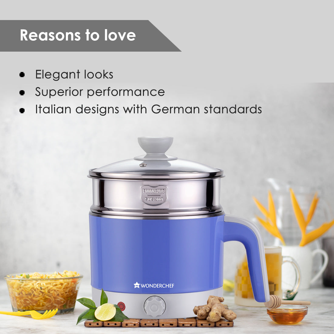 LUXE Multicook Stainless Steel Electric Kettle, 1.2 Litres, Stainless Steel Interior, Cool-Touch Plastic Exterior, 1000W, 2 Years Warranty, Blue