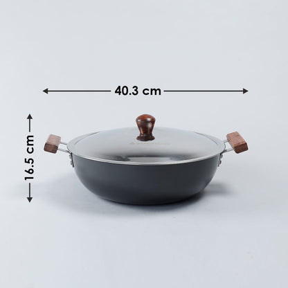 Ebony Hard Anodized Aluminium Deep Kadhai with Lid 30cm, 6L, 3.25mm, Black
